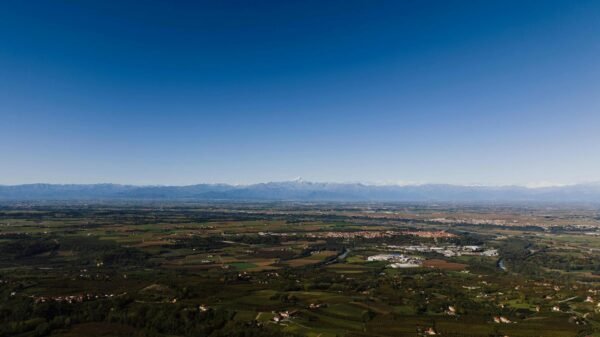 countryside with mountain range