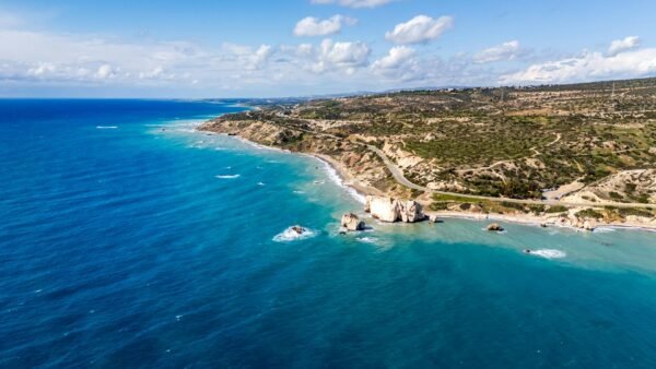 aerial view of aphrodite s rock in paphos cyprus